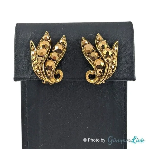 VTG Weiss Aurum Metallic Rhinestones Triple Leaf Bronze Tone Clip On Earrings - Picture 1 of 9